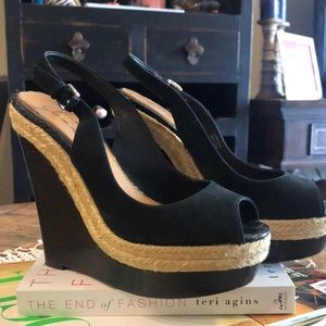 Badgley Mischka Black Suede Espadrille Wedges 5.5